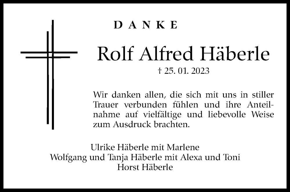  Traueranzeige für Rolf Alfred Häberle vom 09.02.2023 aus Kreiszeitung Böblinger Bote