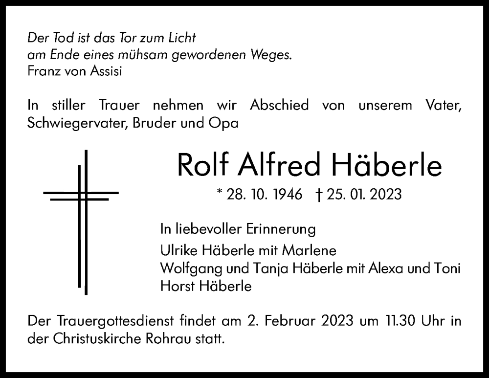  Traueranzeige für Rolf Alfred Häberle vom 31.01.2023 aus Kreiszeitung Böblinger Bote