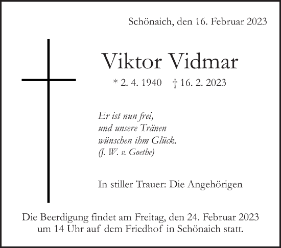 Traueranzeige von Viktor Vidmar von Kreiszeitung Böblinger Bote