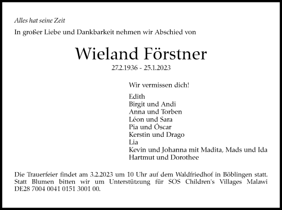 Traueranzeige von Wieland Förstner von Kreiszeitung Böblinger Bote