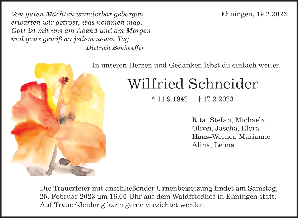  Traueranzeige für Wilfried Schneider vom 23.02.2023 aus Kreiszeitung Böblinger Bote