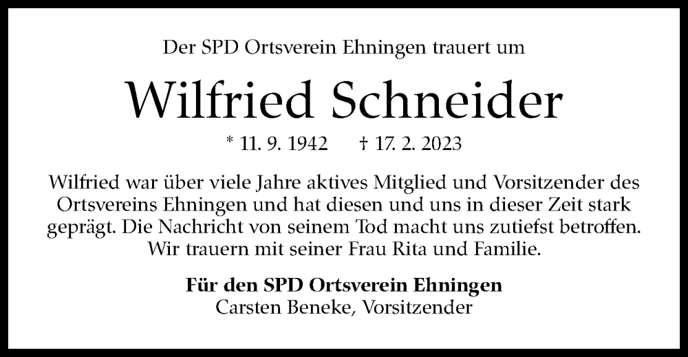  Traueranzeige für Wilfried Schneider vom 23.02.2023 aus Kreiszeitung Böblinger Bote