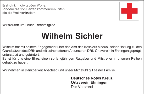 Traueranzeige von Wilhelm Sichler von Kreiszeitung Böblinger Bote