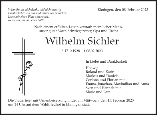 Traueranzeige von Wilhelm Sichler von Kreiszeitung Böblinger Bote