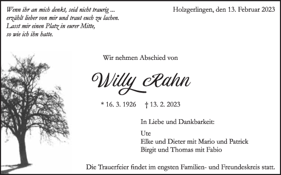Traueranzeige von Willy Rahn von Kreiszeitung Böblinger Bote