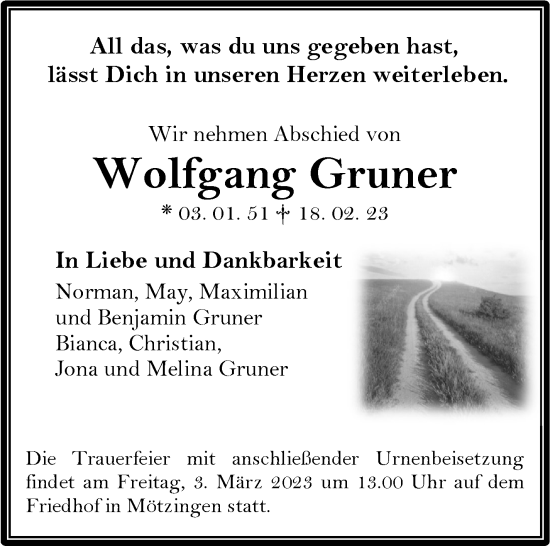 Traueranzeige von Wolfgang Gruner von Kreiszeitung Böblinger Bote