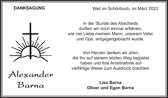 Traueranzeige von Alexander Barna von Kreiszeitung Böblinger Bote