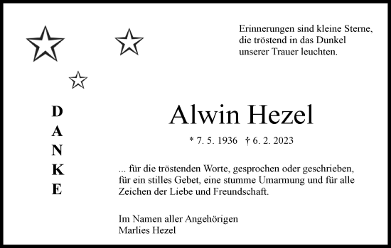 Traueranzeige von Alwin Hezel von Kreiszeitung Böblinger Bote