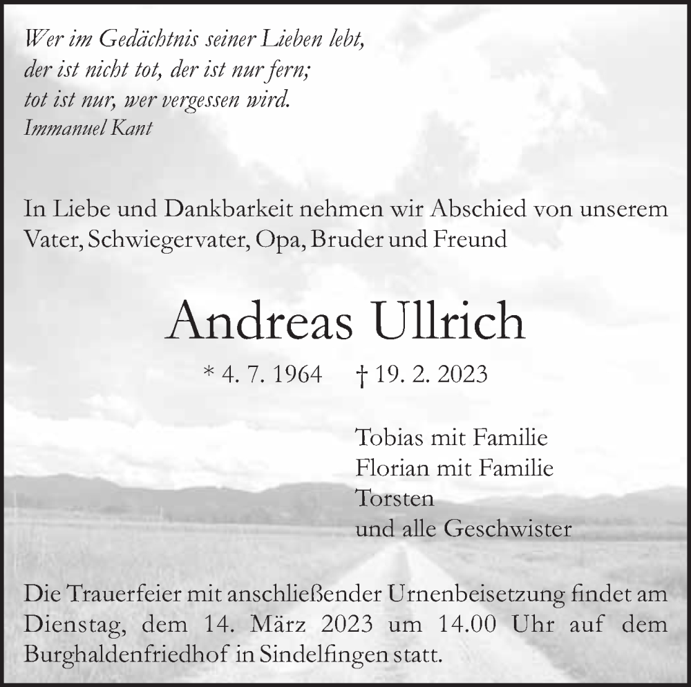  Traueranzeige für Andreas Ullrich vom 04.03.2023 aus Kreiszeitung Böblinger Bote