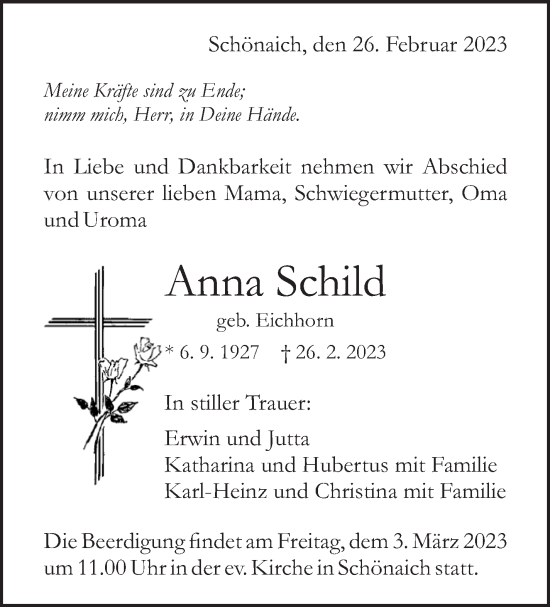 Traueranzeige von Anna Schild von Kreiszeitung Böblinger Bote