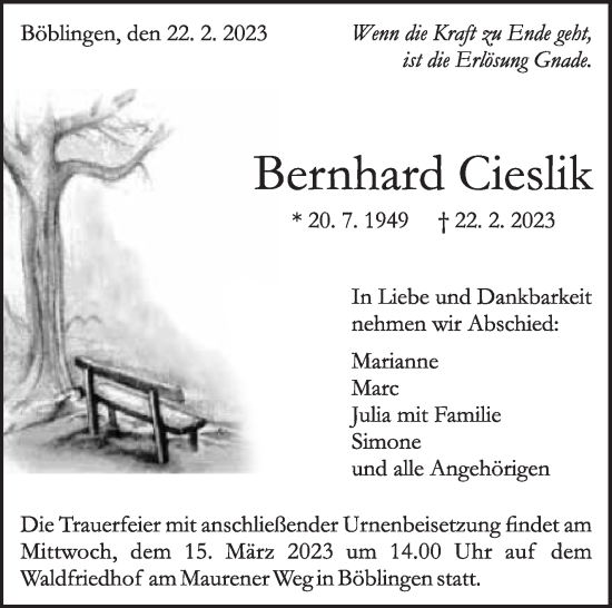 Traueranzeige von Bernhard Cieslik von Kreiszeitung Böblinger Bote