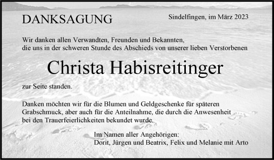 Traueranzeige von Christa  Habisreitinger von Kreiszeitung Böblinger Bote