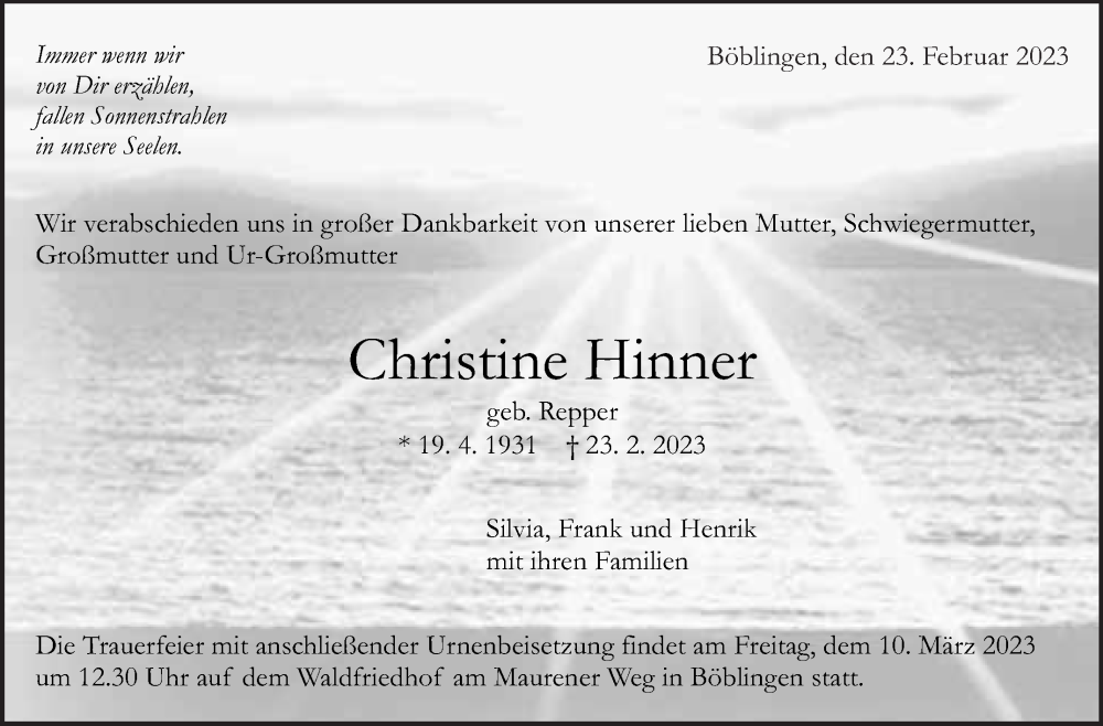  Traueranzeige für Christine Hinner vom 04.03.2023 aus Kreiszeitung Böblinger Bote