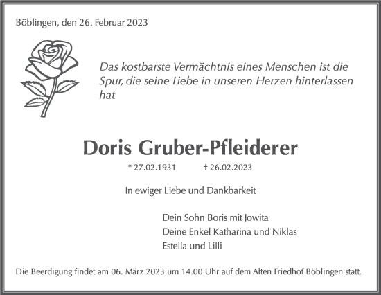Traueranzeige von Doris Gruber-Pfleiderer von Kreiszeitung Böblinger Bote