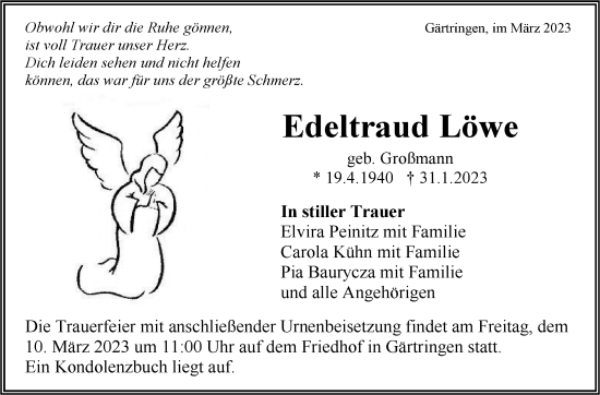 Traueranzeige von Edeltraud Löwe von Kreiszeitung Böblinger Bote