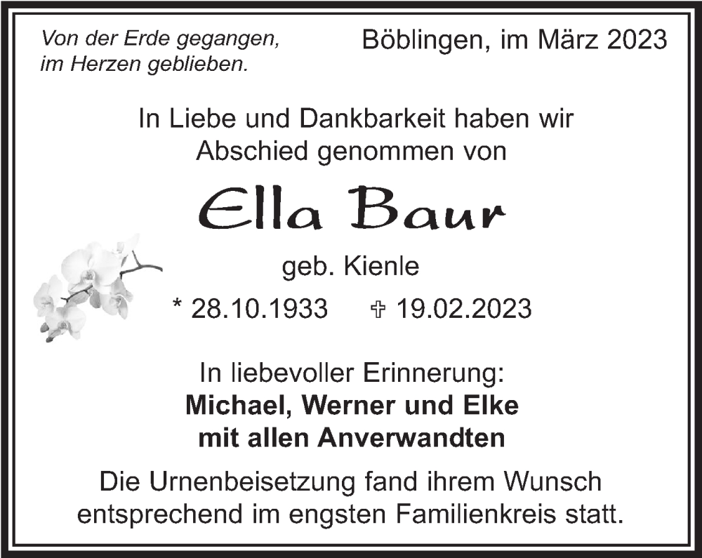  Traueranzeige für Ella Baur vom 10.03.2023 aus Kreiszeitung Böblinger Bote