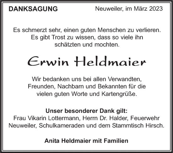 Traueranzeige von Erwin Heldmaier von Kreiszeitung Böblinger Bote