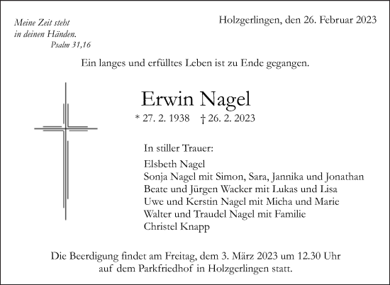 Traueranzeige von Erwin Nagel von Kreiszeitung Böblinger Bote