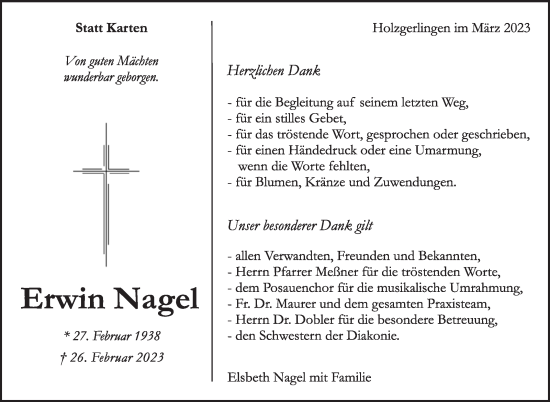 Traueranzeige von Erwin Nagel von Kreiszeitung Böblinger Bote