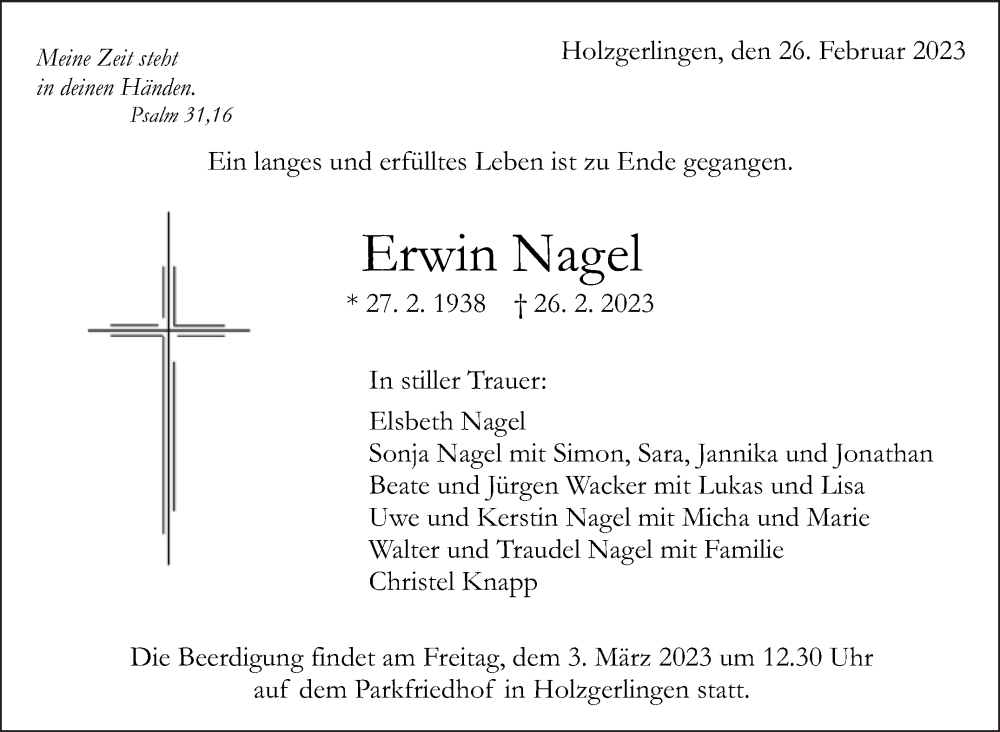  Traueranzeige für Erwin Nagel vom 01.03.2023 aus Kreiszeitung Böblinger Bote