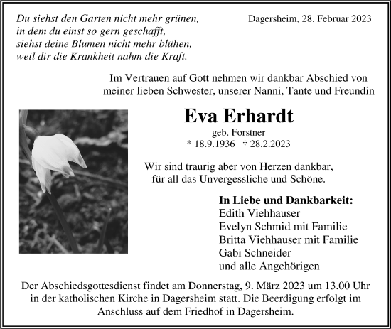 Traueranzeige von Eva Erhardt von Kreiszeitung Böblinger Bote