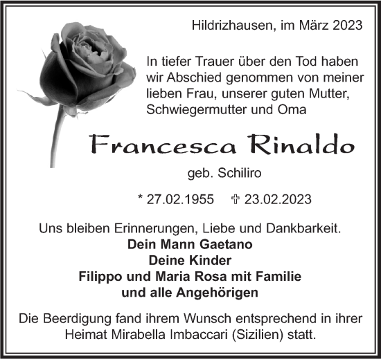 Traueranzeige von Francesca Rinaldo von Kreiszeitung Böblinger Bote
