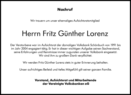 Traueranzeige von Fritz Günther Lorenz von Kreiszeitung Böblinger Bote