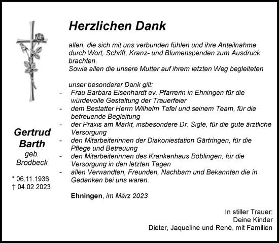 Traueranzeige von Gertrud Barth von Kreiszeitung Böblinger Bote