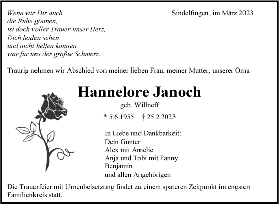 Traueranzeige von Hannelore Janoch von Kreiszeitung Böblinger Bote