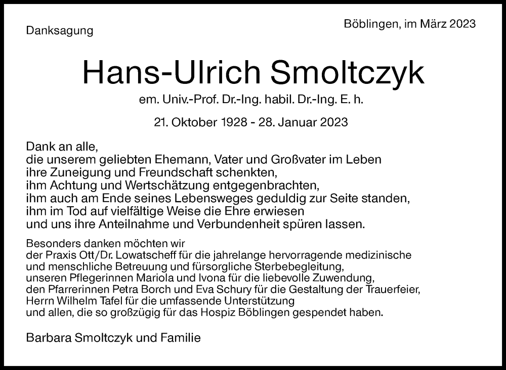  Traueranzeige für Hans-Ulrich Smoltczyk vom 09.03.2023 aus Kreiszeitung Böblinger Bote