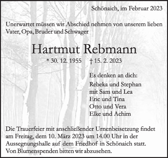 Traueranzeige von Hartmut Rebmann von Kreiszeitung Böblinger Bote