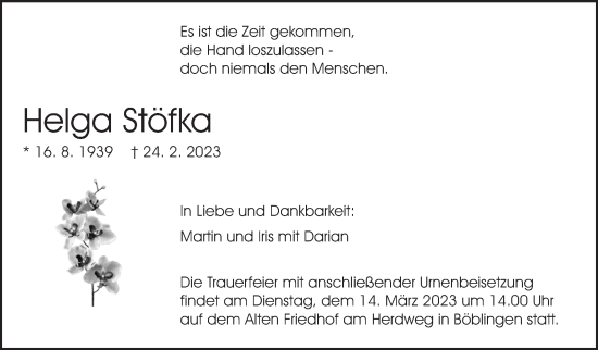 Traueranzeige von Helga Stöfka von Kreiszeitung Böblinger Bote