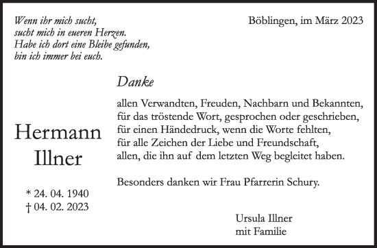 Traueranzeige von Hermann Illner von Kreiszeitung Böblinger Bote