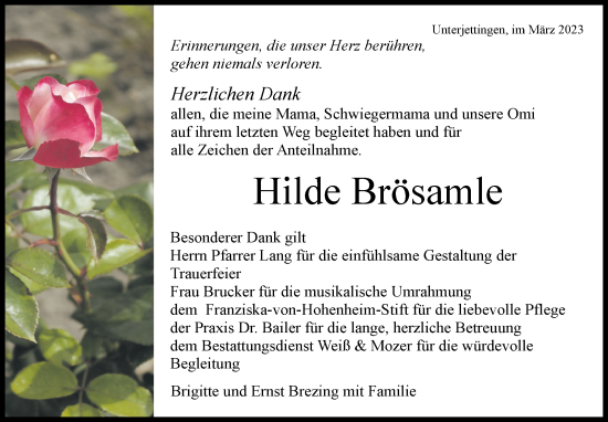 Traueranzeige von Hilde Brösamle von Kreiszeitung Böblinger Bote