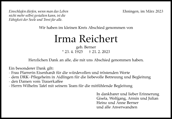 Traueranzeige von Irma Reichert von Kreiszeitung Böblinger Bote