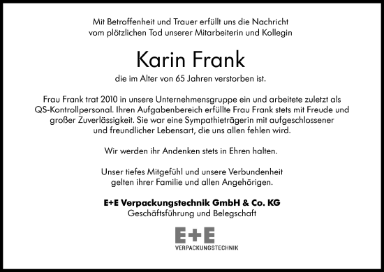 Traueranzeige von Karin Frank von Kreiszeitung Böblinger Bote