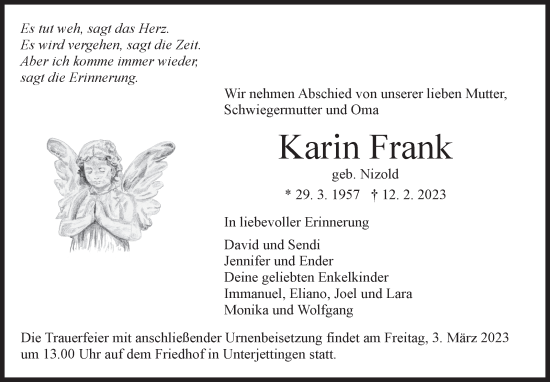 Traueranzeige von Karin Frank von Kreiszeitung Böblinger Bote