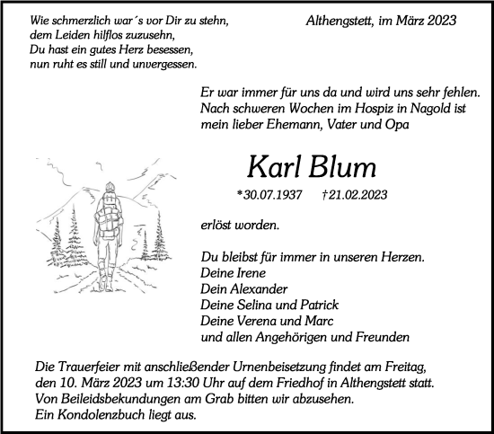 Traueranzeige von Karl Blum von Kreiszeitung Böblinger Bote