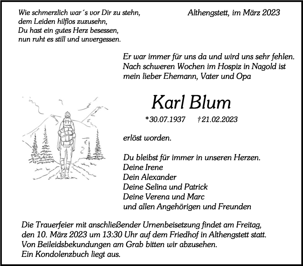  Traueranzeige für Karl Blum vom 02.03.2023 aus Kreiszeitung Böblinger Bote