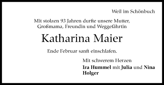 Traueranzeige von Katharina Maier von Kreiszeitung Böblinger Bote
