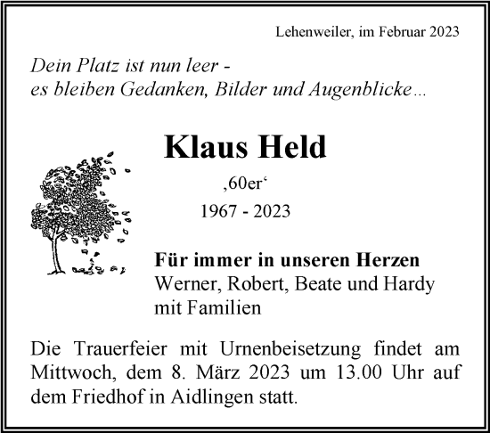 Traueranzeige von Klaus Held von Kreiszeitung Böblinger Bote