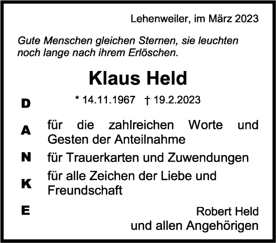 Traueranzeige von Klaus Held von Kreiszeitung Böblinger Bote