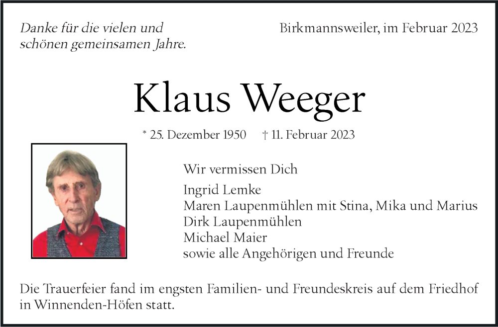  Traueranzeige für Klaus Weeger vom 04.03.2023 aus Kreiszeitung Böblinger Bote