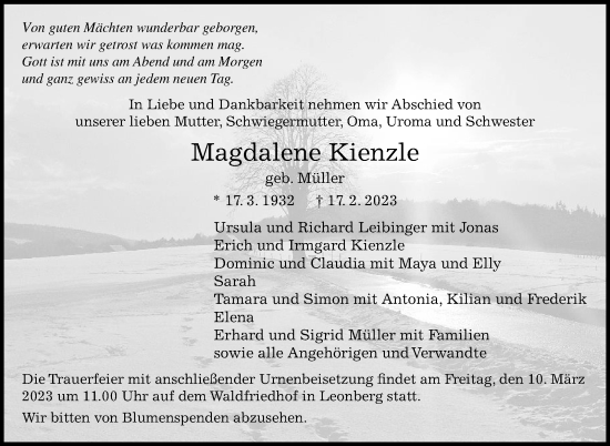 Traueranzeige von Magdalene Kienzle von Kreiszeitung Böblinger Bote