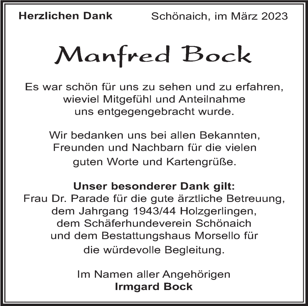  Traueranzeige für Manfred Bock vom 09.03.2023 aus Kreiszeitung Böblinger Bote