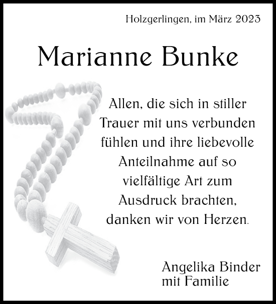 Traueranzeige von Marianne Bunke von Kreiszeitung Böblinger Bote