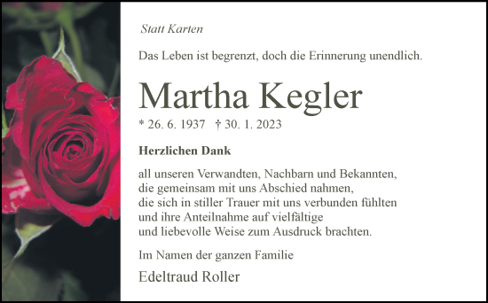 Traueranzeige von Martha Kegler von Kreiszeitung Böblinger Bote