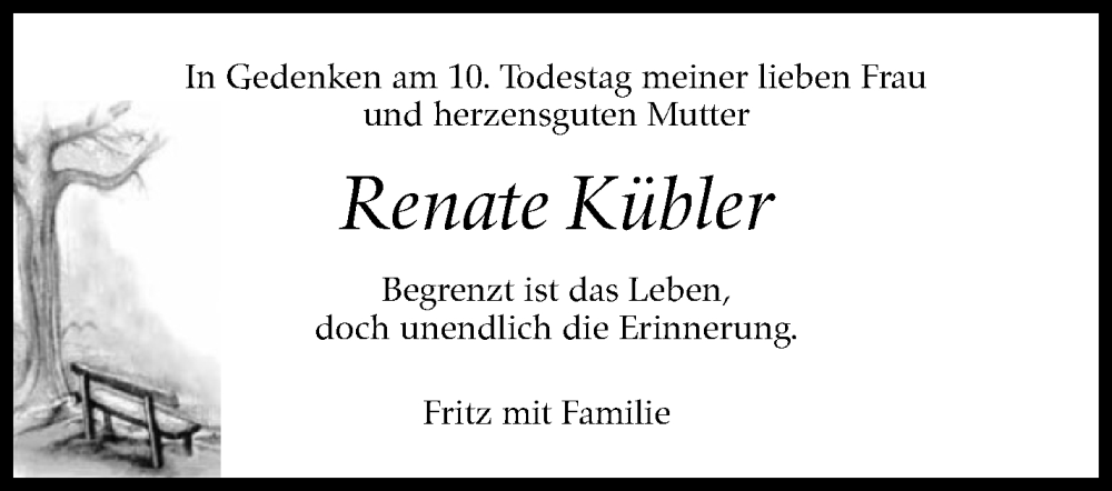  Traueranzeige für Renate Kübler vom 08.03.2023 aus Kreiszeitung Böblinger Bote