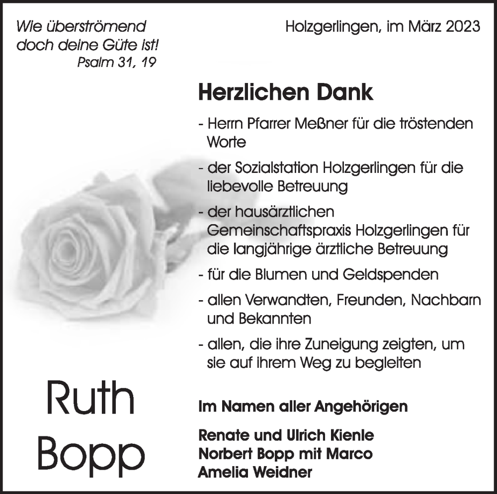  Traueranzeige für Ruth Bopp vom 24.03.2023 aus Kreiszeitung Böblinger Bote