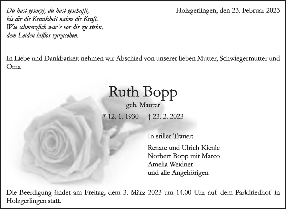  Traueranzeige für Ruth Bopp vom 01.03.2023 aus Kreiszeitung Böblinger Bote